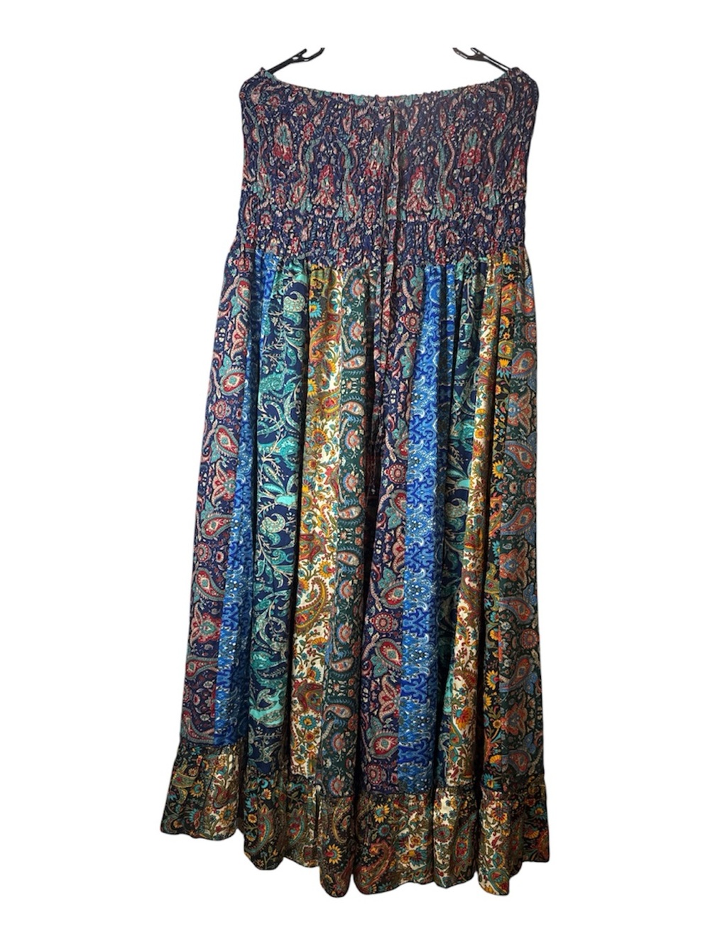 EARTHBOUND Strapless Tiered Paisley Maxi Dress in Navy, Blue, Green, Brown